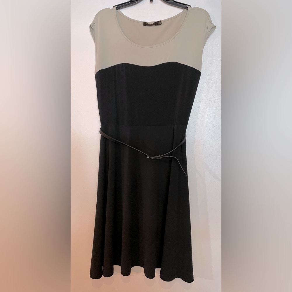 Beige and Black A-line belted dress
